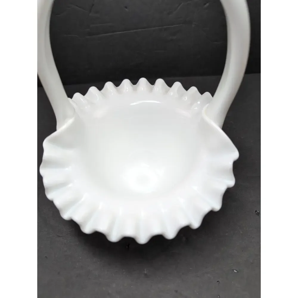 Vintage Fenton Art Glass Milk Glass Hobnail Crimped Basket Candy Dish Handle